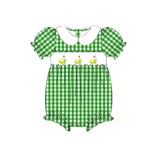 Baby Girls Green Checked Golf Flags Collar Ruffle Rompers Preorder