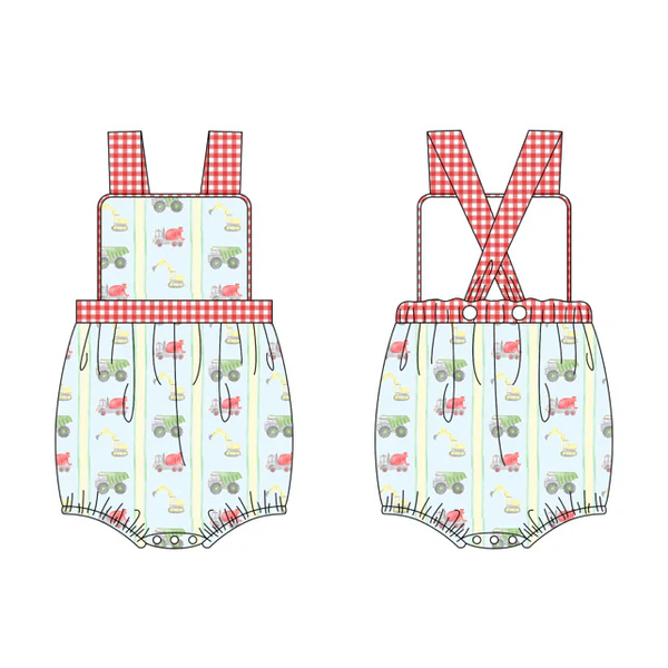 Baby Girls Red Checked Strap Excavators Stripe Ruffle Rompers Preorder