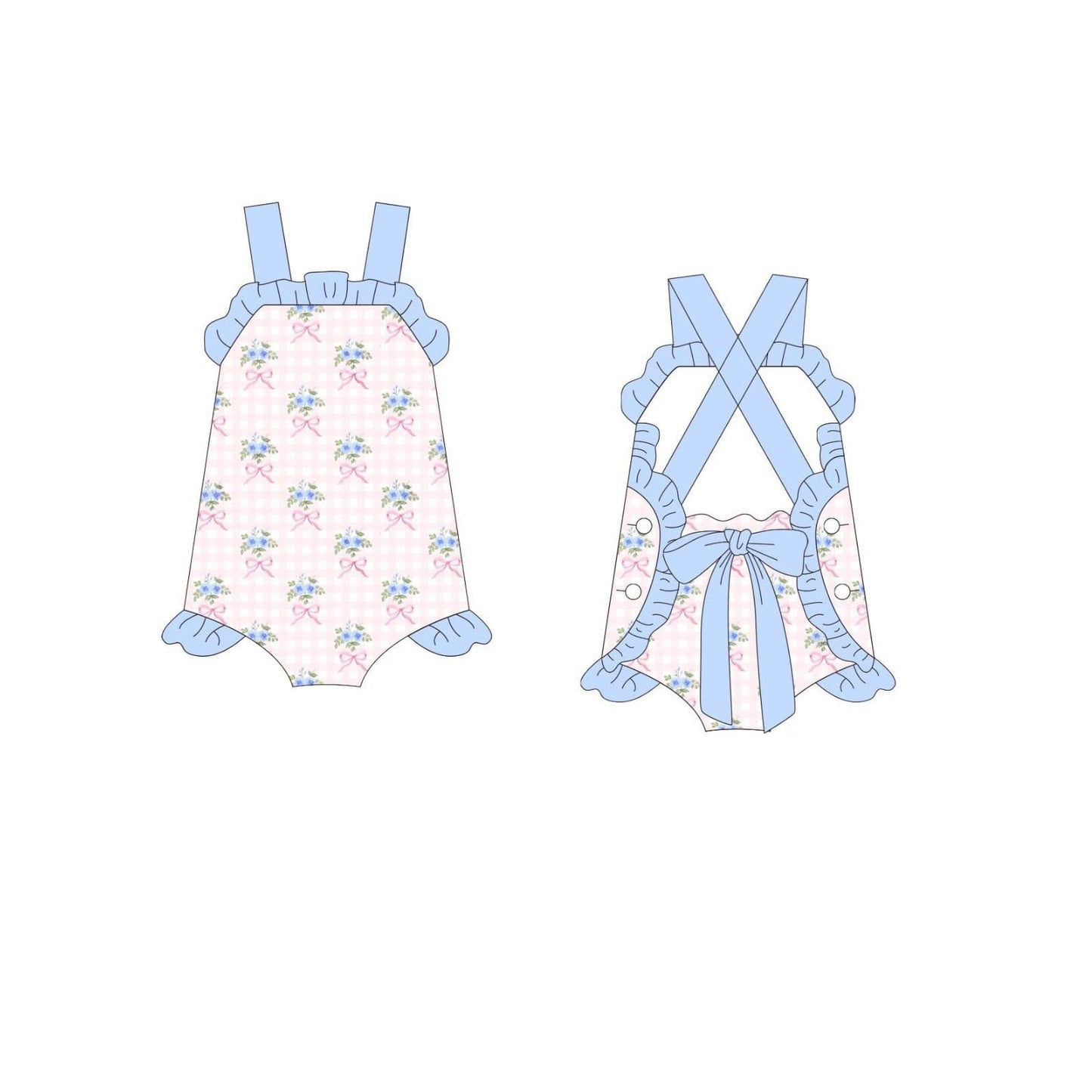 Baby Girls Strap Pink Blue Flowers Checked Back Bow Ruffle Rompers Preorder