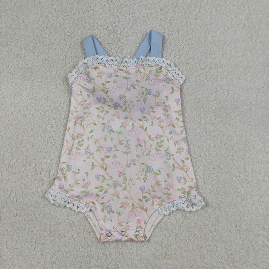 Baby Girls Strap Flowers Plaid Back Bows Ruffle Rompers