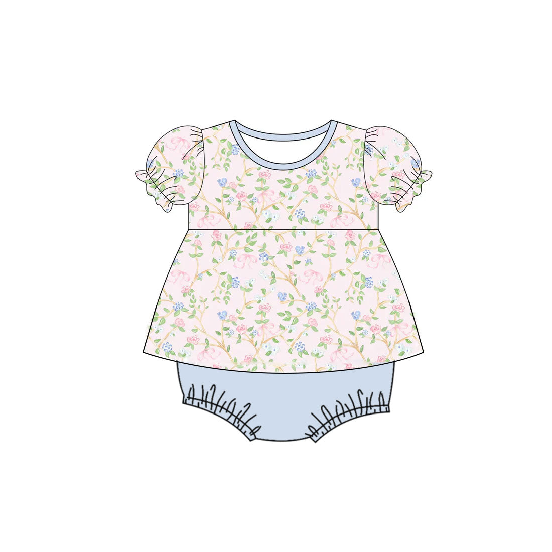 Baby Girls Pink Blue Flowers Plaid Tunic Bummies Ruffle Rompers Preorder