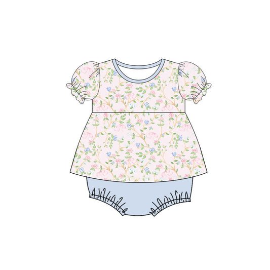 Baby Girls Pink Blue Flowers Plaid Tunic Bummies Ruffle Rompers Preorder