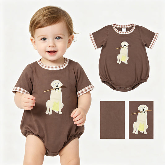 Embroidery Dogs Leaves Baby Boys Brown Short Sleeve Hunting Rompers