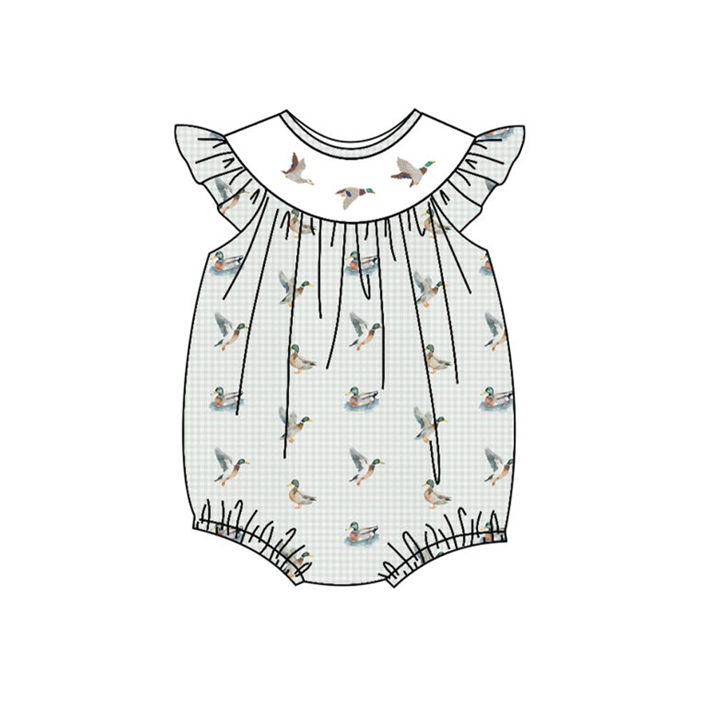 Baby Girls Grey Checked Flutter Sleeve Ducks Hunting Rompers Preorder