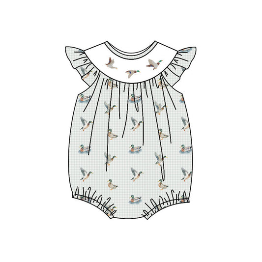 Baby Girls Grey Checked Flutter Sleeve Ducks Hunting Rompers Preorder