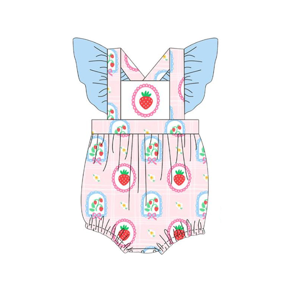 Baby Girls Flutter Sleeve Bows Strawberry Ruffle Rompers Preorder