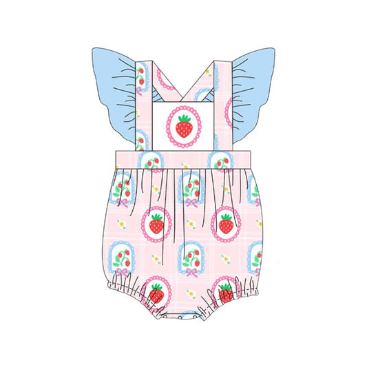 Baby Girls Flutter Sleeve Bows Strawberry Ruffle Rompers Preorder