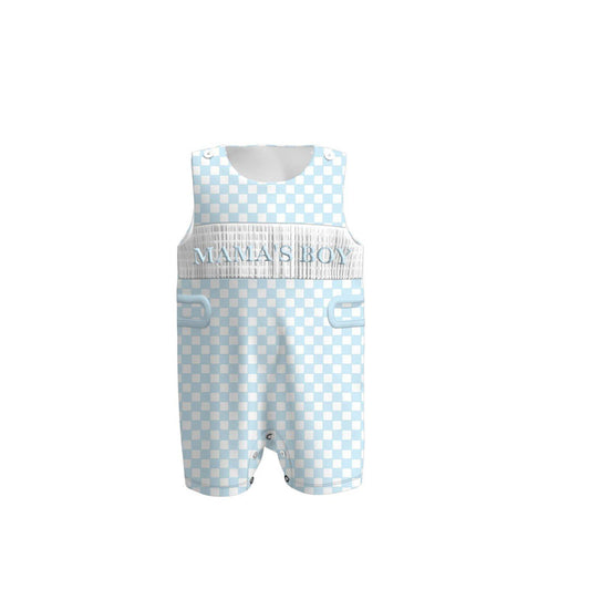 Baby Boys Sleeveless Blue Checked Mama's Boy Shorts Rompers Preorder