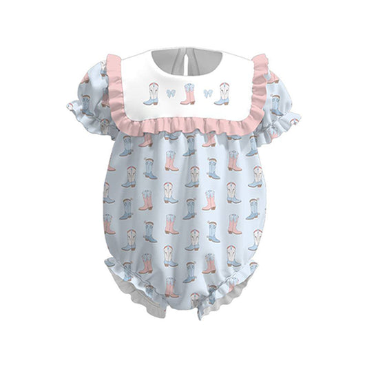 Baby Girls Short Ruffle Sleeve Blue Bows Boots Western Rompers Preorder