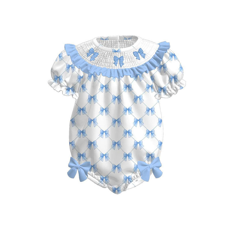 Baby Girls Short Ruffle Sleeve Blue Bows Checked Rompers Preorder