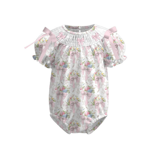 Baby Girls Short Ruffle Sleeve Pink Flowers Bows Rompers Preorder
