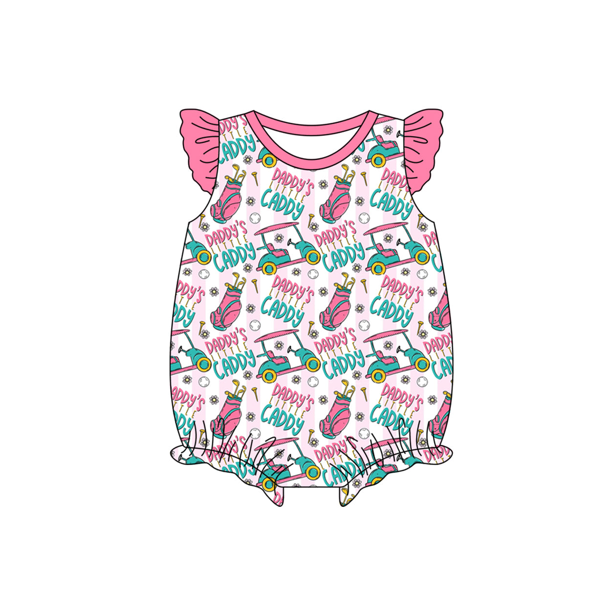 Baby Girls Pink Flutter Sleeve Daddy's Caddy Golf Trucks Ruffle Rompers Preorder