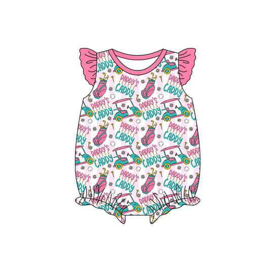 Baby Girls Pink Flutter Sleeve Daddy's Caddy Golf Trucks Ruffle Rompers Preorder