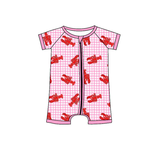 Baby Girls Pink Checked Crayfishes Zipper Rompers Preorder