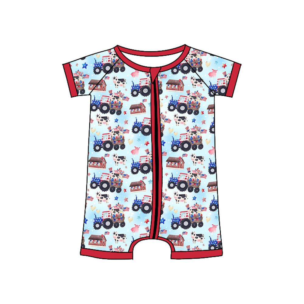Baby Boys Blue Red Trucks Stars Cows Farm July 4th Zipper Rompers Preorder