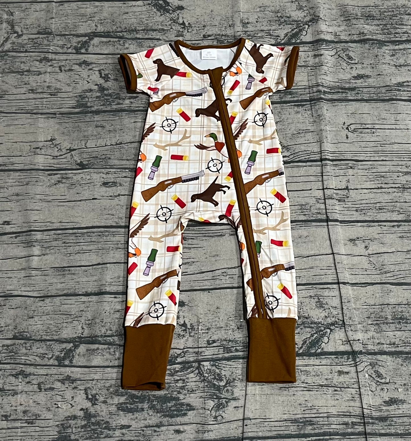 Baby Boys Khaki Checked Dogs Ducks Hunting Two Way Zip Convertible Rompers Preorder