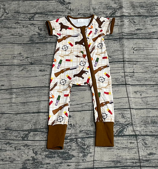Baby Boys Khaki Checked Dogs Ducks Hunting Two Way Zip Convertible Rompers Preorder