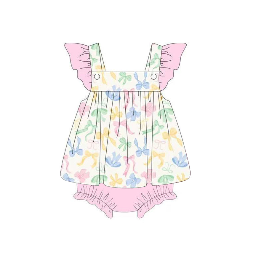 Baby Girls Flutter Sleeve Colorful Bows Tunic Bummies Ruffle Rompers Preorder