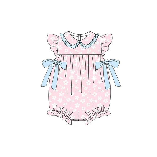 Baby Girls Pink Flutter Sleeve Flowers Bows Collar Ruffle Rompers Preorder