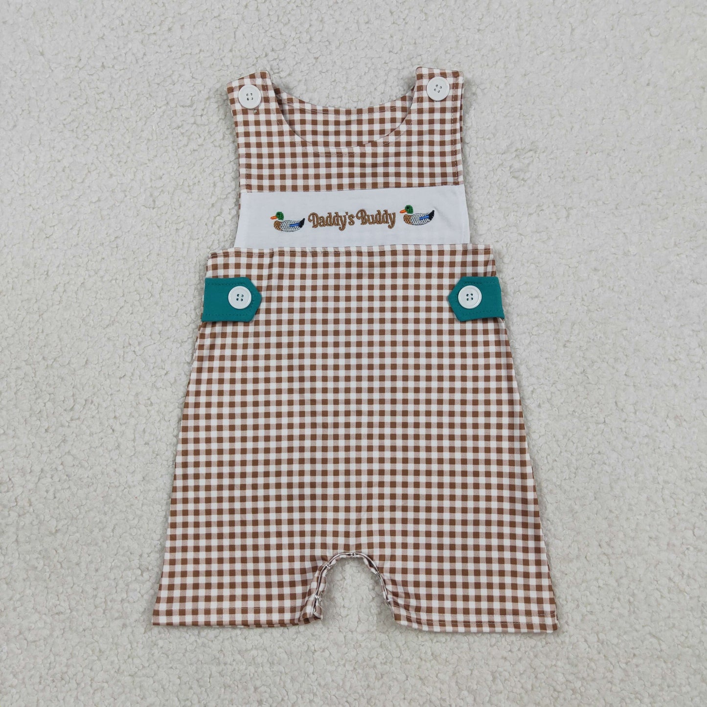 Embroidery Ducks Daddy Buddy Baby Boys Khaki Checked Rompers