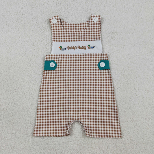 Embroidery Ducks Daddy Buddy Baby Boys Khaki Checked Rompers