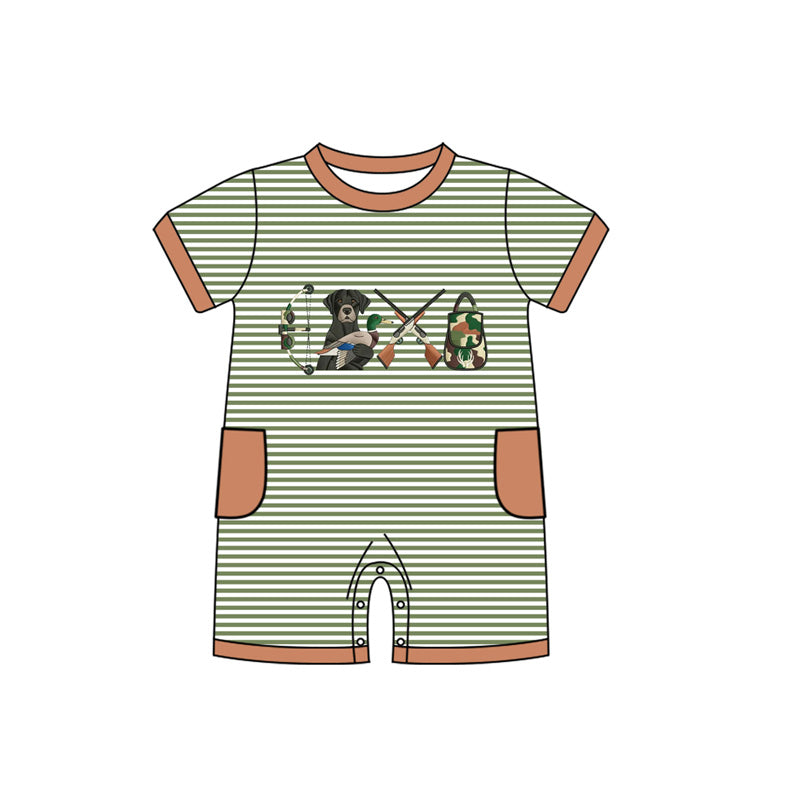 Baby Boys Green Stripes Dogs Ducks Fishing Hunting Rompers Preorder