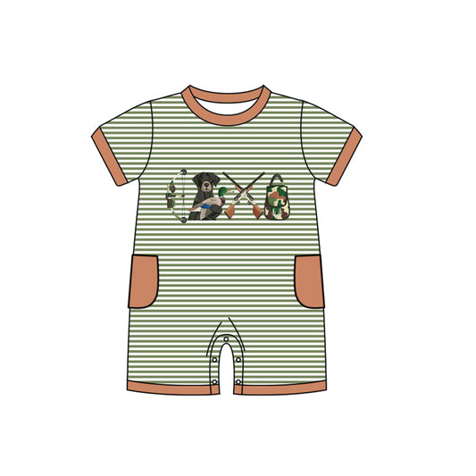 Baby Boys Green Stripes Dogs Ducks Fishing Hunting Rompers Preorder