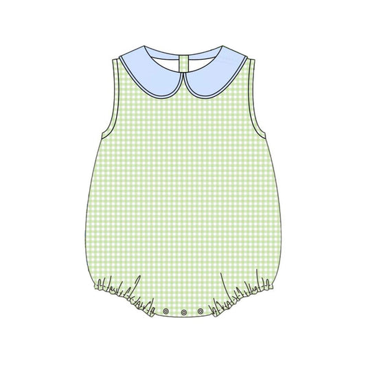 Baby Girls Sleeveless Green Checked Collar Ruffle Rompers Preorder