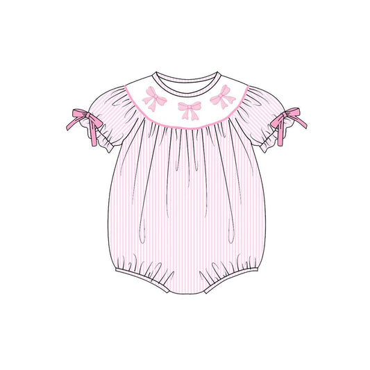 Baby Girls Pink Stripe Bows Valentine Ruffle Rompers Preorder