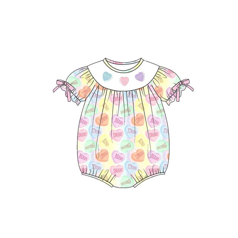 Baby Girls Colorful Hearts Valentine Bows Ruffle Sleeve Rompers Preorder