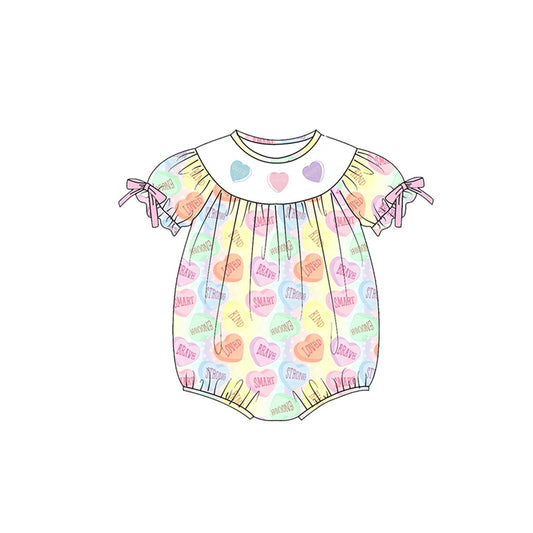 Baby Girls Colorful Hearts Valentine Bows Ruffle Sleeve Rompers Preorder