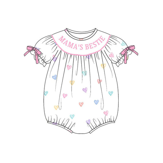 Baby Girls Colorful Hearts Mama's Bestie Valentine Bows Ruffle Sleeve Rompers Preorder