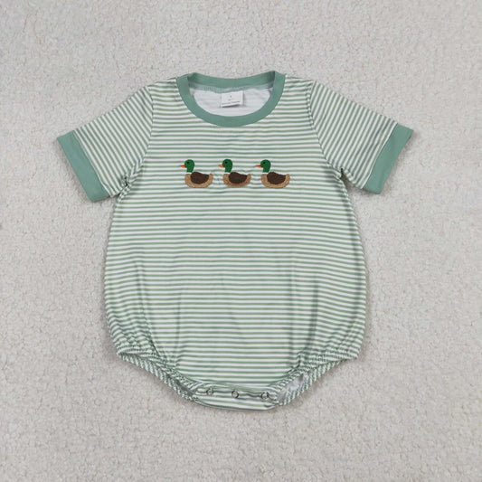 USA Shop Baby Boys Short Sleeve Embroidery Ducks Green Strip Hunting Rompers