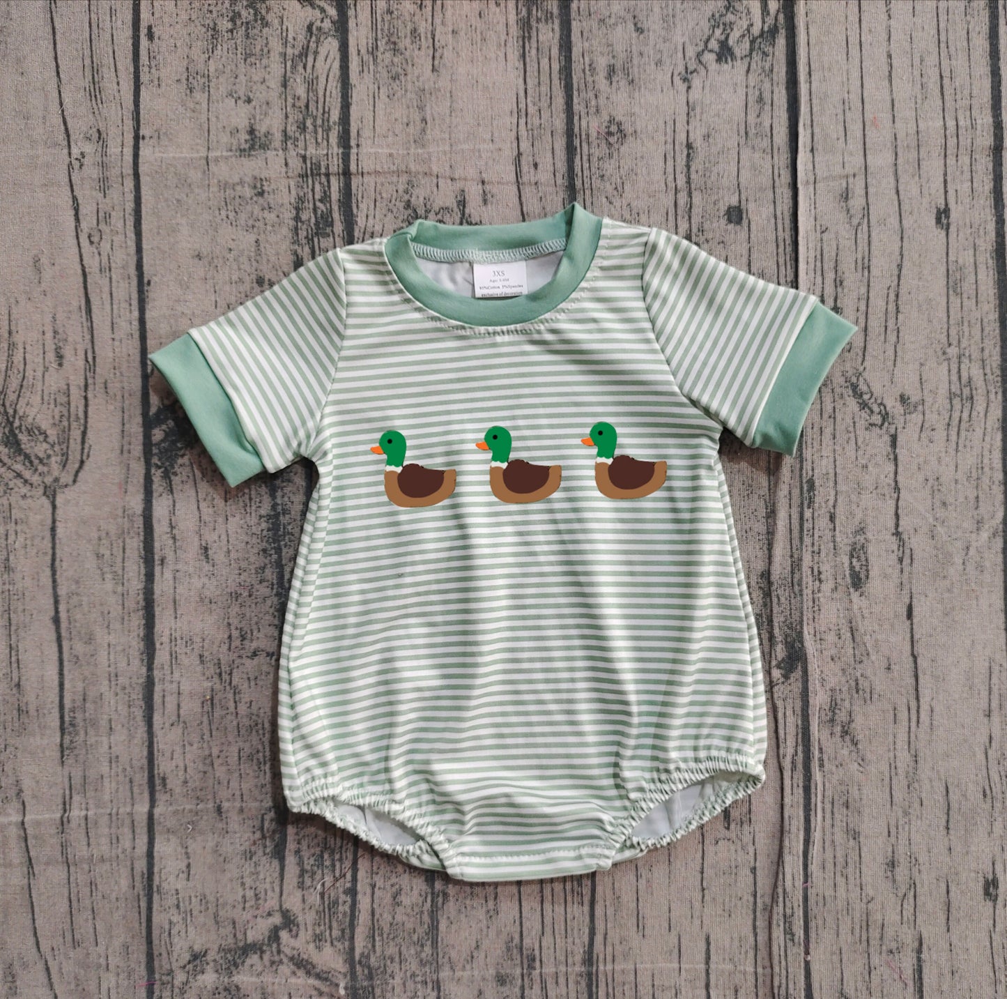 Embroidery Ducks Baby Boys Green Stripe Short Sleeve Hunting Rompers Preorder