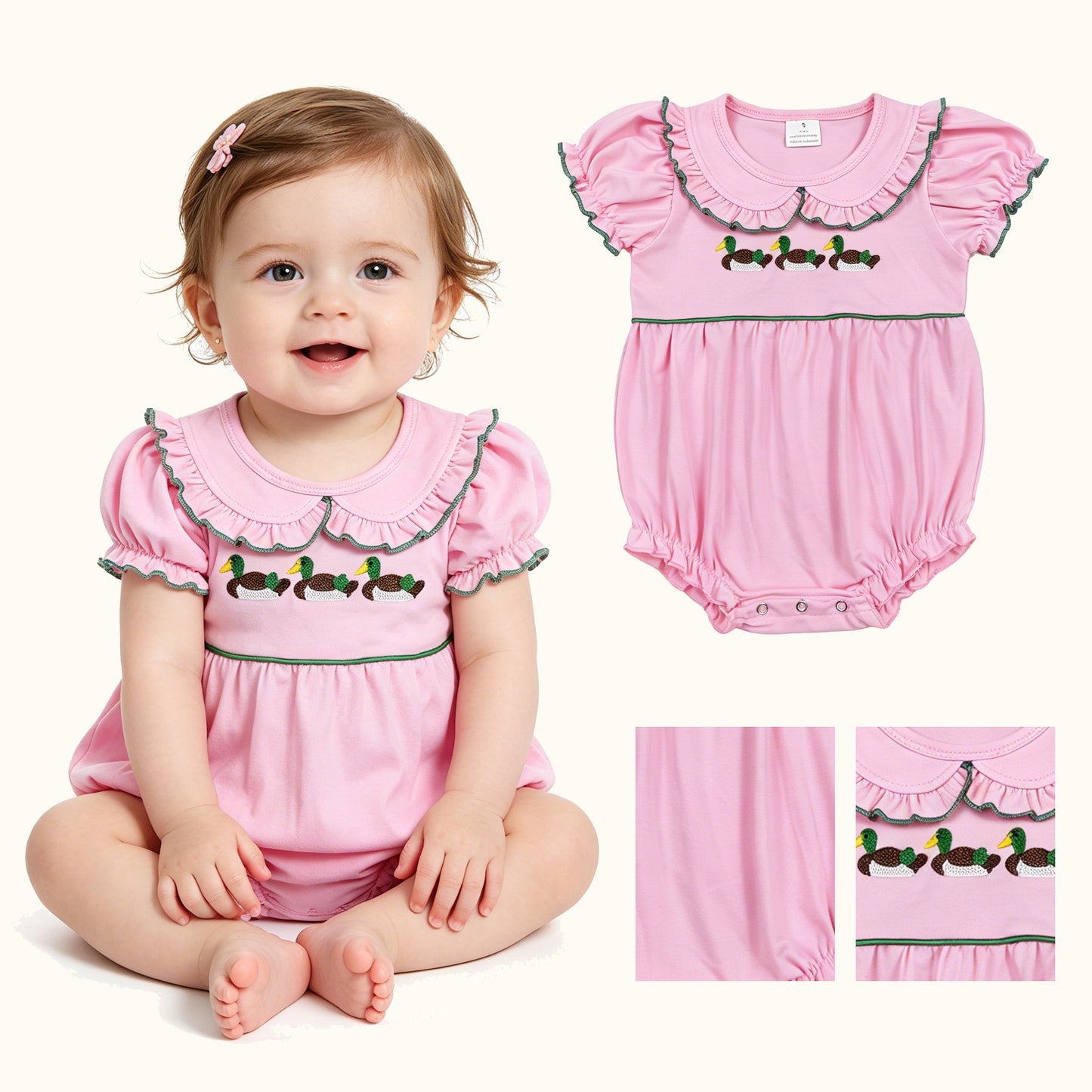 Embroidery Ducks Baby Girls Pink Collar Hunting Ruffle Rompers