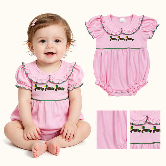 Embroidery Ducks Baby Girls Pink Collar Hunting Ruffle Rompers