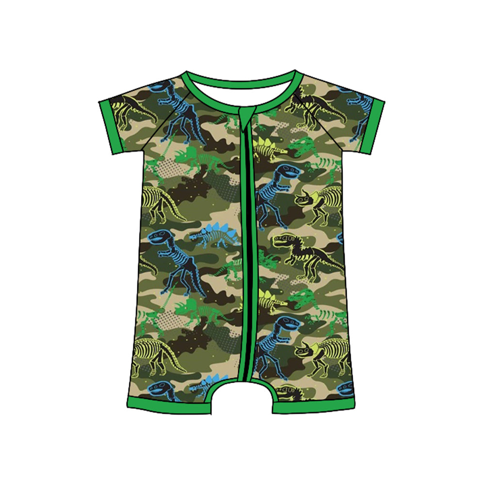 Baby Boys Green Camo Dinosaurs Hunting Zipper Shorts Rompers Preorder