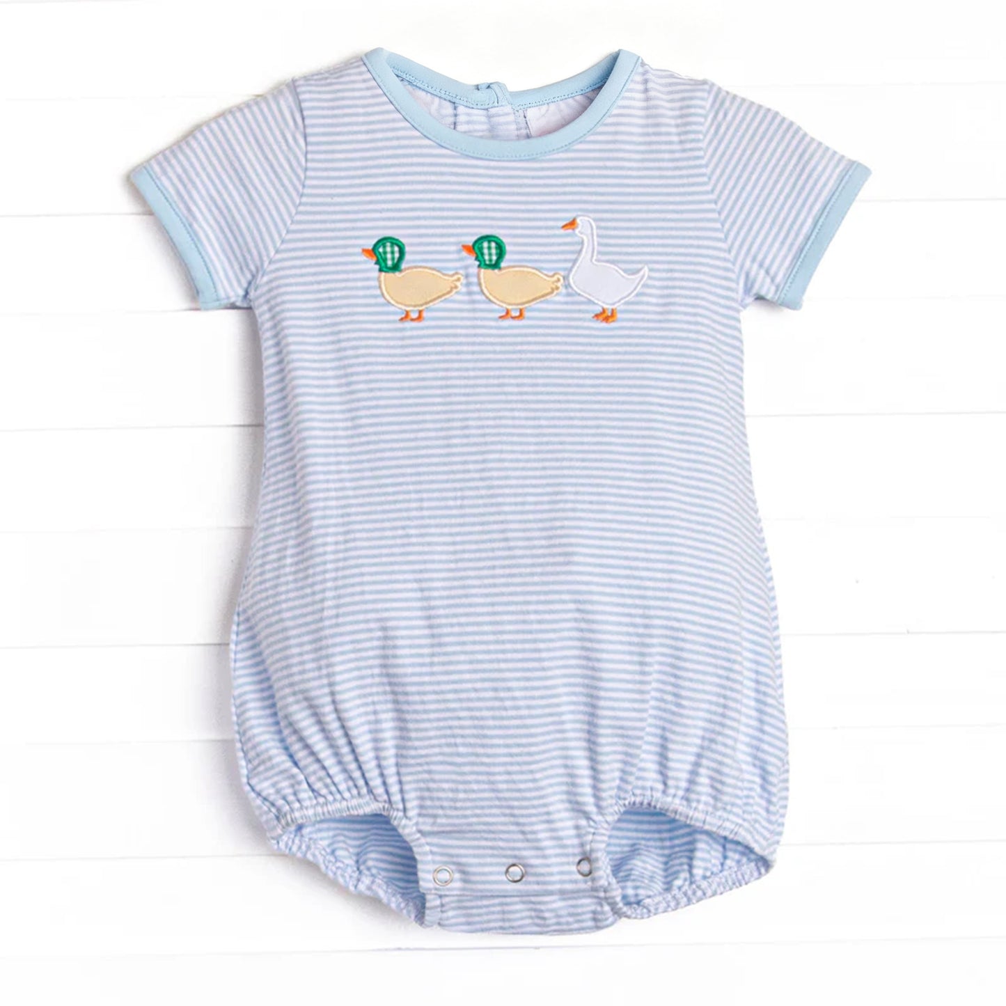 Baby Boys Blue Stripe Ducks Goose Ruffle Rompers Preorder