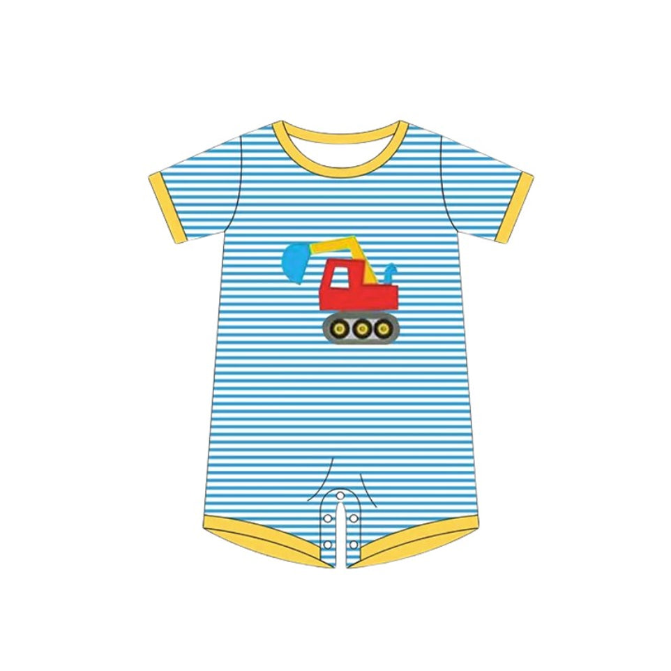 Baby Boys Blue Stripe Excavators Shorts Rompers Preorder