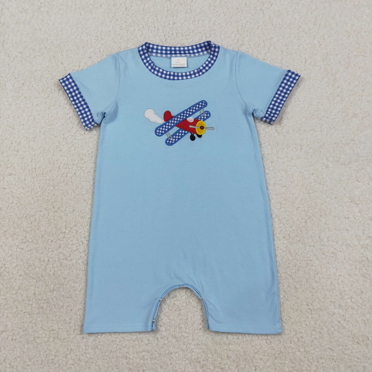 Embroidery Planes Baby Boys Blue Short Sleeve Rompers