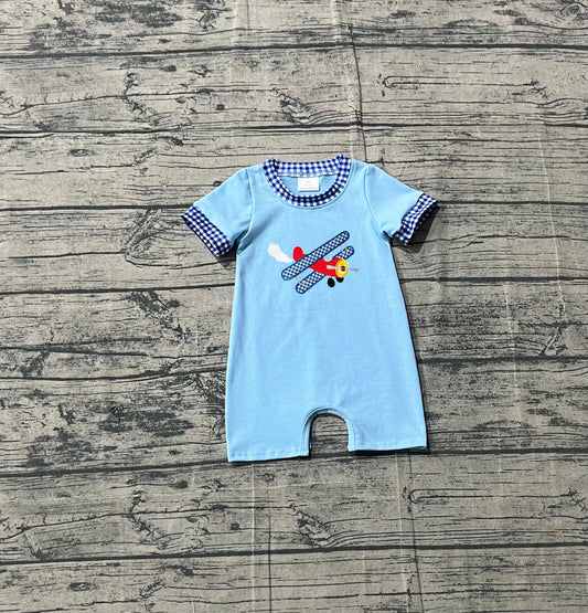 Embroidery Planes Baby Boys Blue Short Sleeve Rompers Preorder