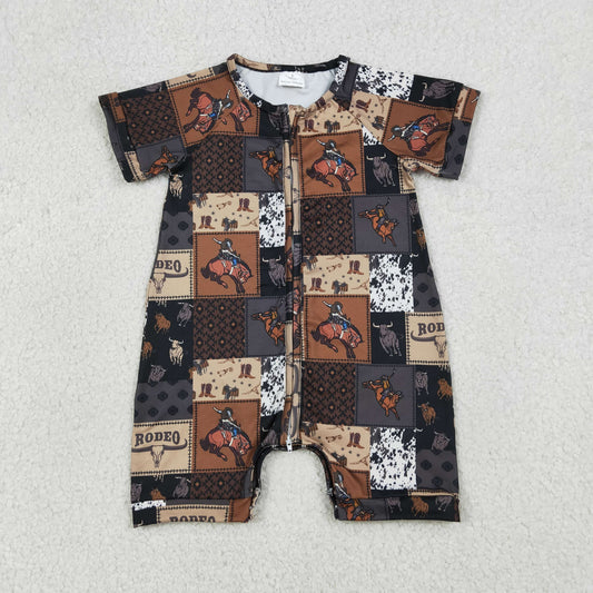 Baby Boys Horse Rodeos Aztec Checked Western Zipper Rompers