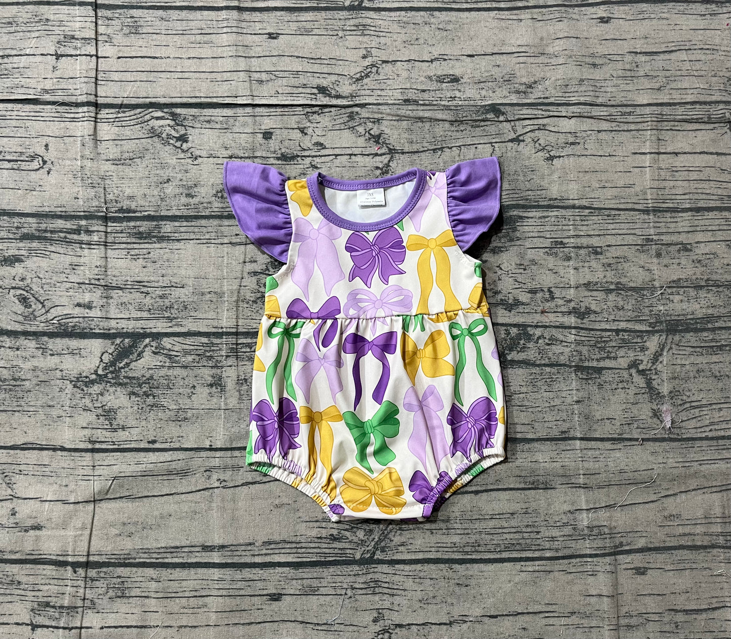Baby Girls Flutter Sleeve Mardigras Bows Plaid Ruffle Rompers