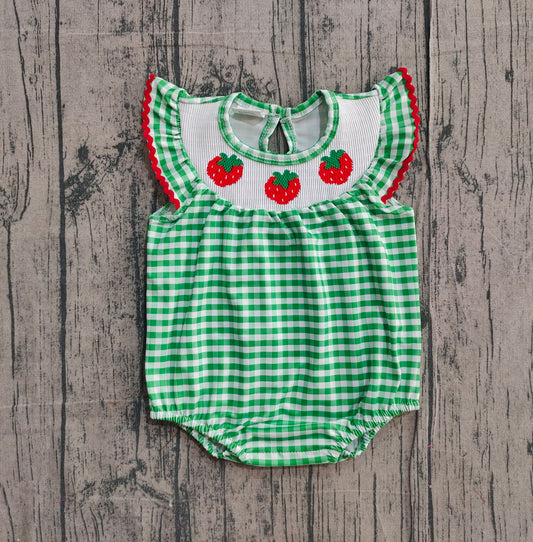 Smocked Strawberry Baby Girls Green Checked Ruffle Rompers Preorder