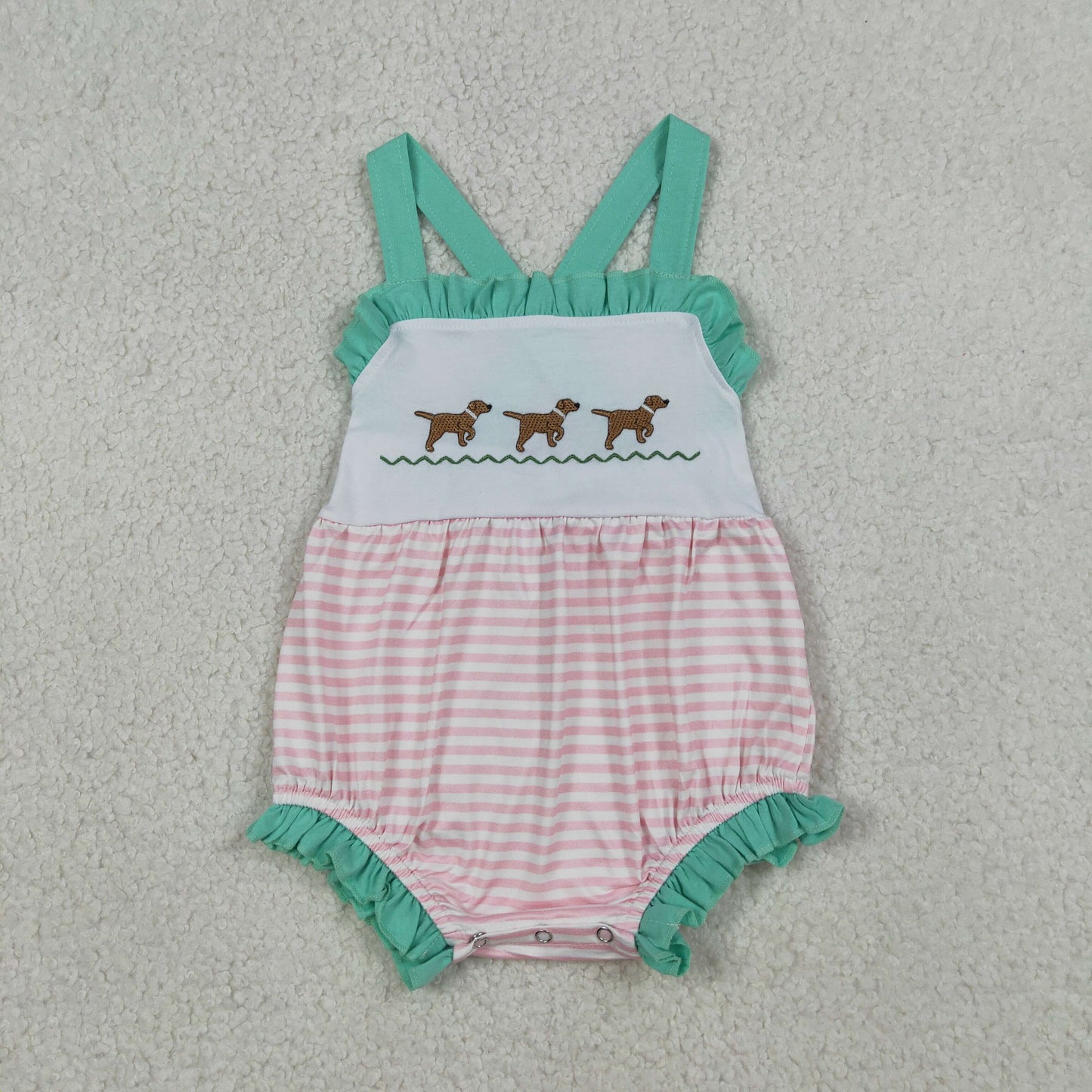 Embroidery Dogs Baby Girls Strap Pink Stripe Hunting Rompers