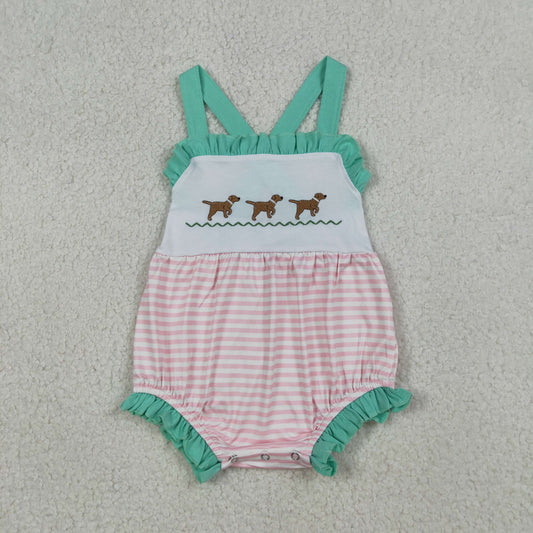 Embroidery Dogs Baby Girls Strap Pink Stripe Hunting Rompers