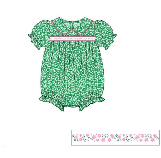 Baby Girls Green Pink Floral Collar Ruffle Rompers Preorder