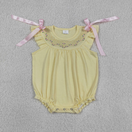 Embroidery Flowers Checked Baby Girls Bows Flutter Sleeve Ruffle Rompers