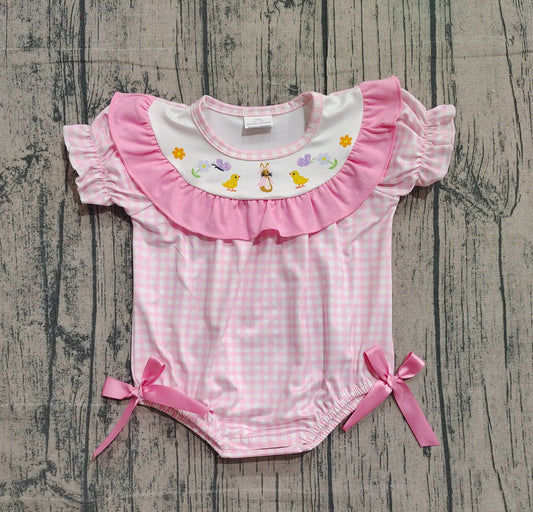Baby Girls Pink Checked Rabbits Chicks Easter Ruffle Rompers Preorder