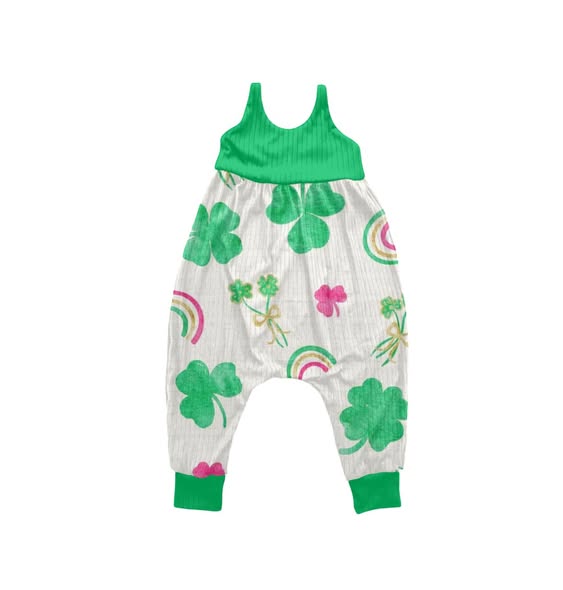 Baby Boys Green Sleeveless Clovers Rainbows St Patrick Footie Rompers Preorder